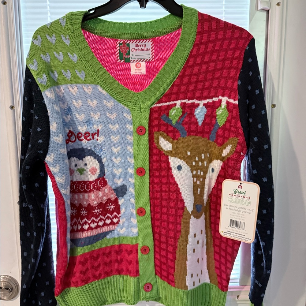 Festive Multicolor Sweater with Reindeer and Penguin Design